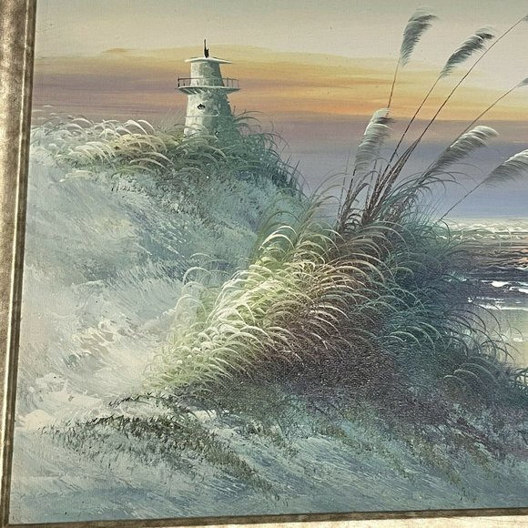 Sunset Seascape Beach Painting  20x16” Signed  Wood Framed Lighthouse Birds - Picture 4 of 10